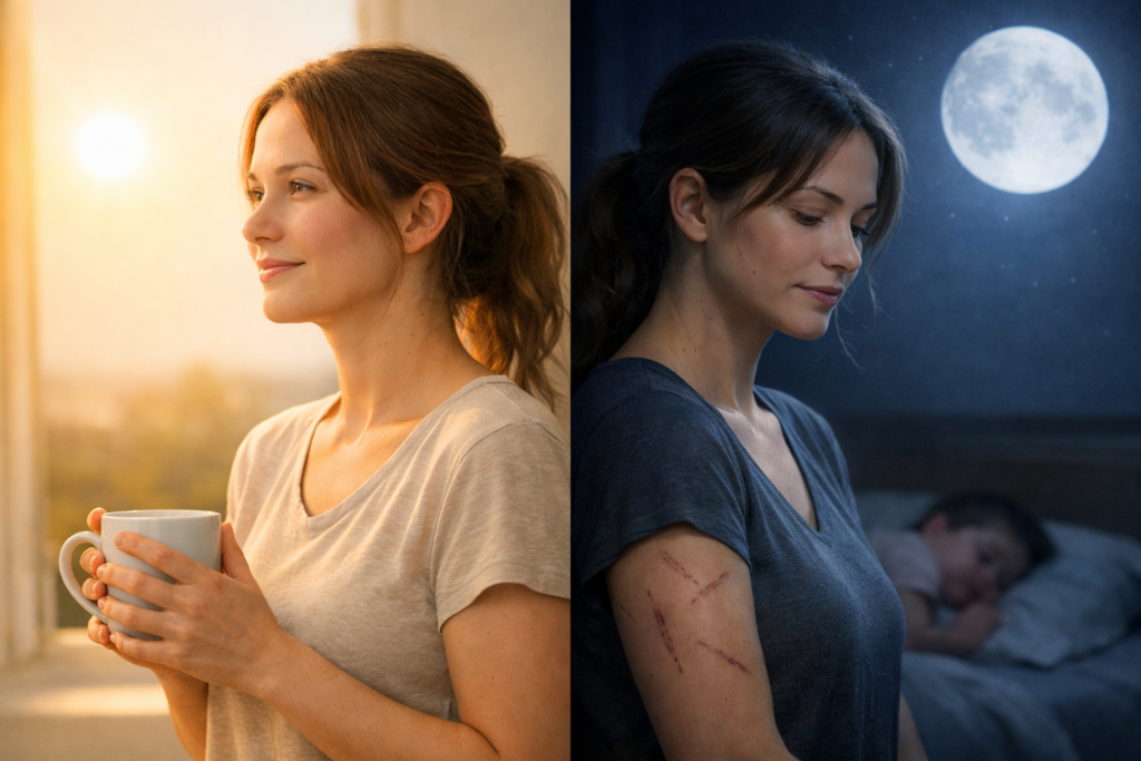 Femme sociale, joyeuse le jour / Femme réelle, en reconstruction la nuit