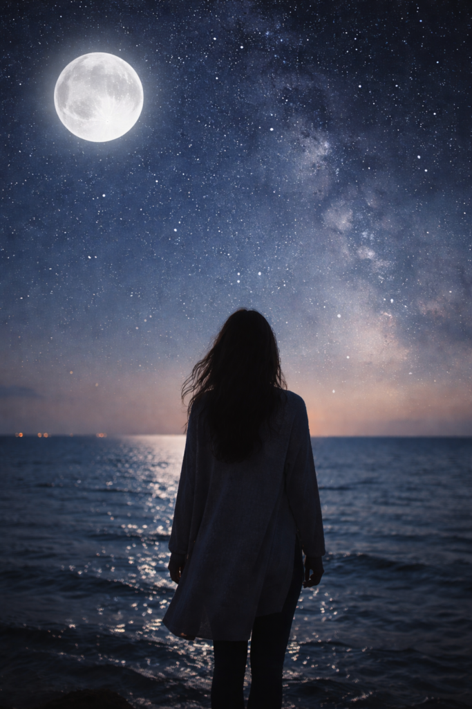 Femme regardant vers l'horizon une nuit de pleine lune étoilés