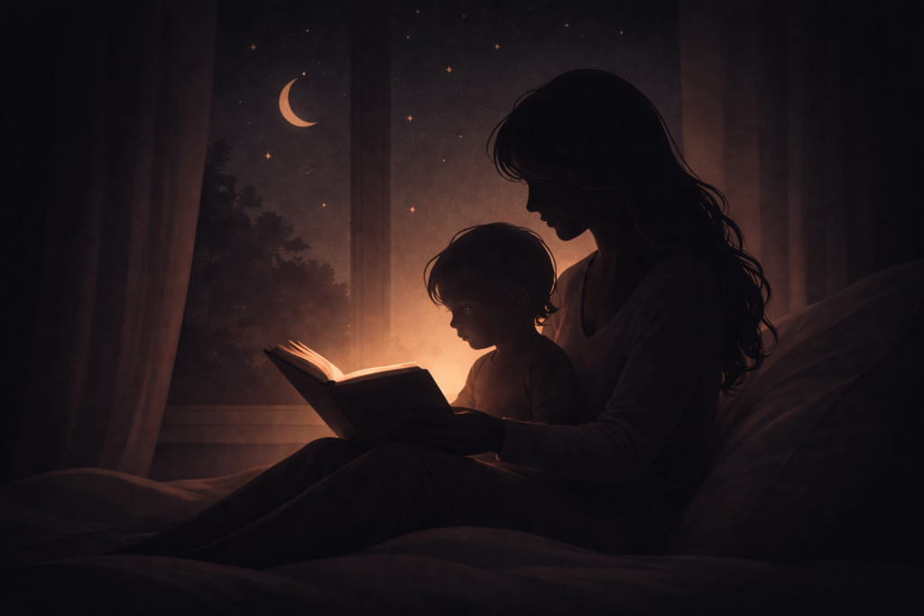 Silhouette d’une maman lisant une histoire à son enfant la nuit