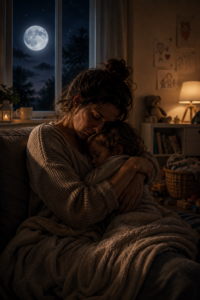 Silhouette d'une maman enlaçant son enfant